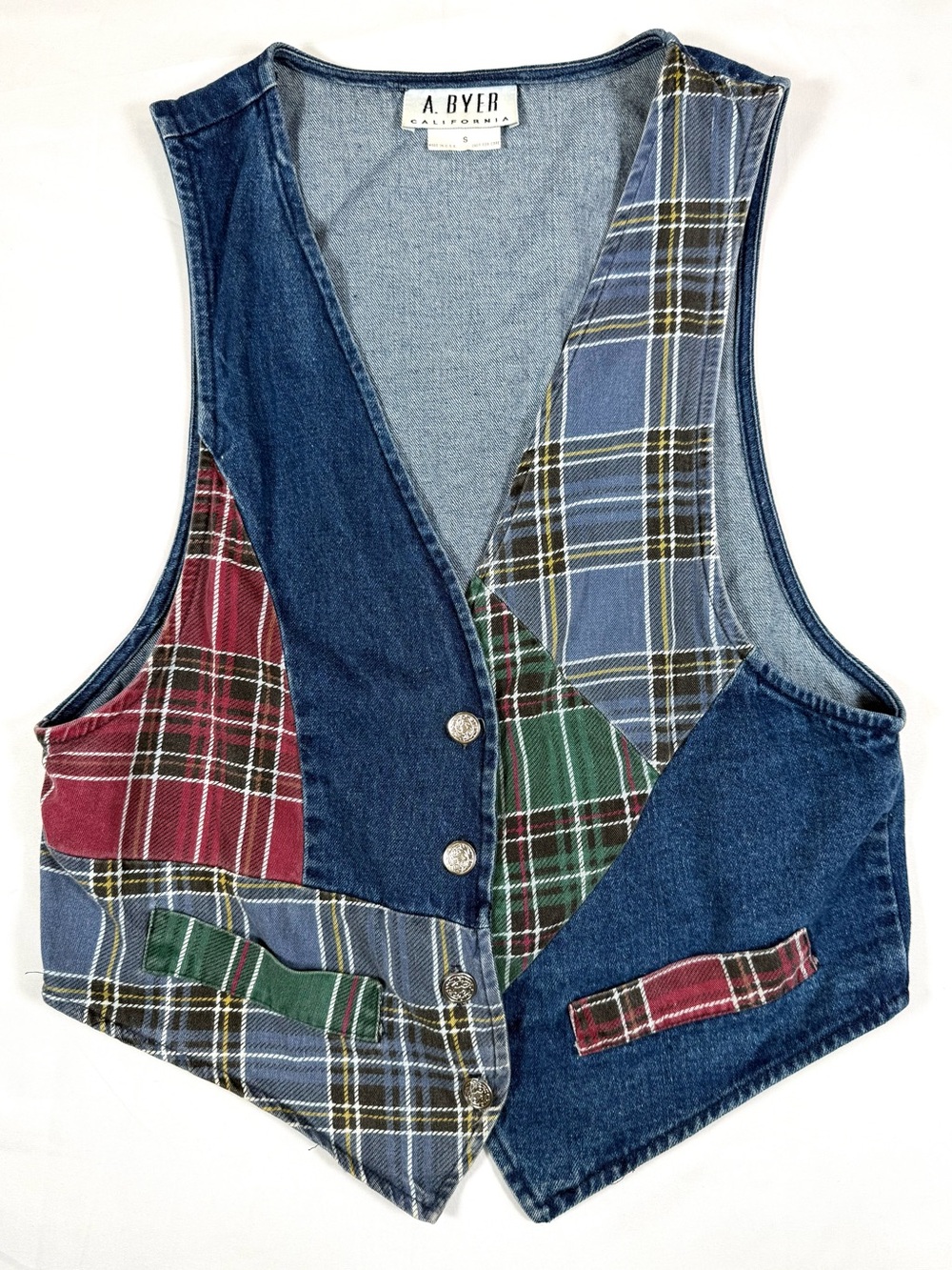 VINTAGE A. Byer Womens Denim Patchwork Plaid Vest S 90s Grunge Academia Grandpa